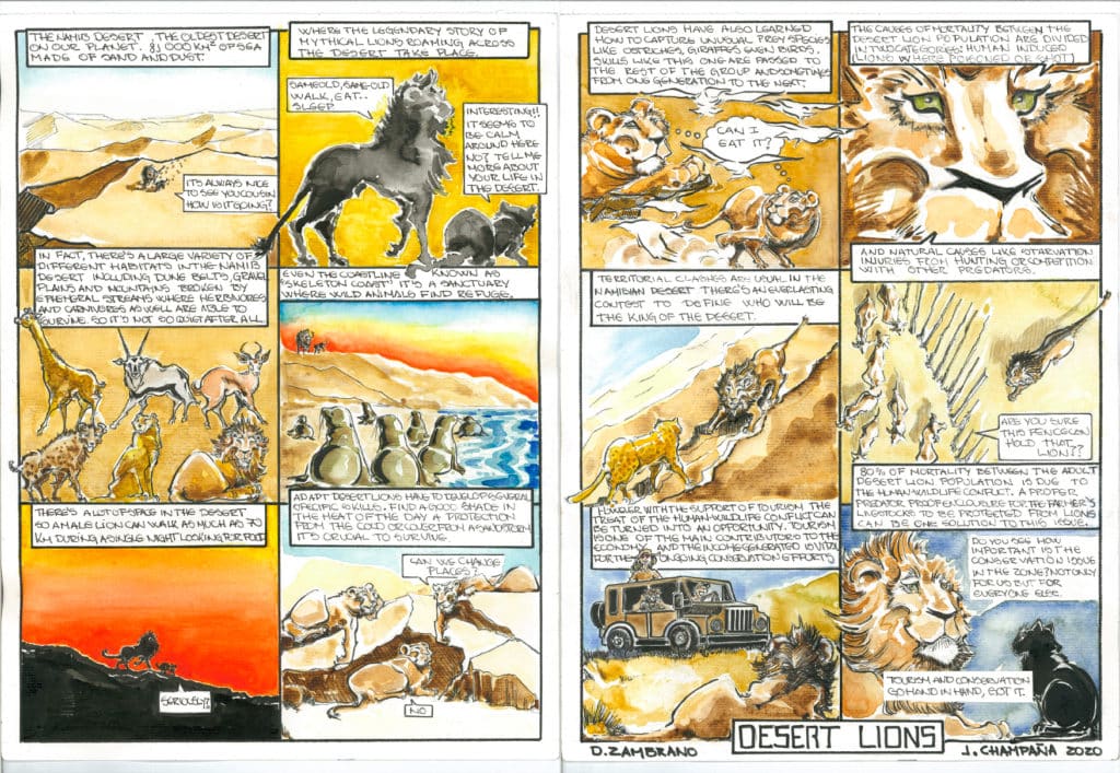 In this comic, a cat talks to his cousin, a desert lion, about life in the Namib Desert and how tourism supports conservation of his specially-adapted species.