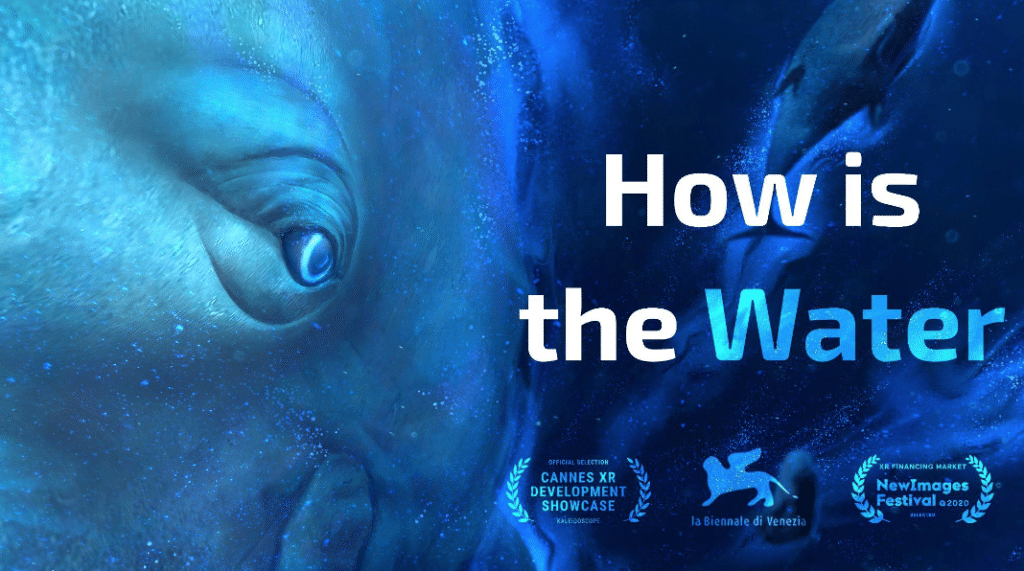 A close-up image of a whale's eye with the text "How is the Water" on top of it and three award logos underneath the text (Cannes XR Development Showcase, la Biennale di Venezia, and NewImages Festival 2020)