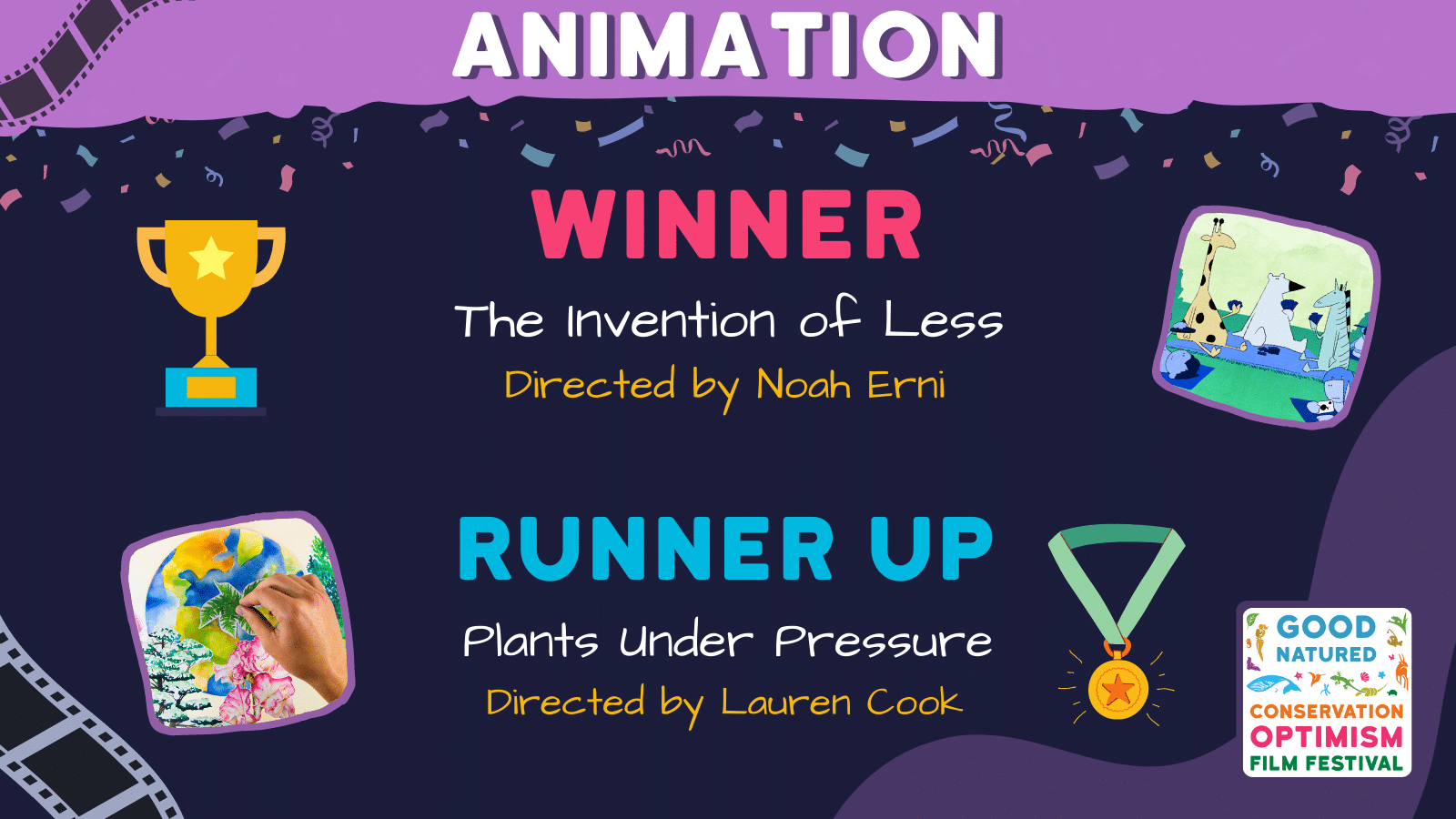 The Runner Up in the animation category is: Plants Under Pressure - Directed by Lauren Cook