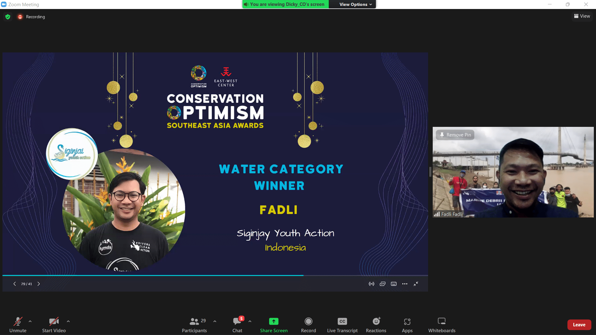 Fadli Azmi was awarded for his work on Siginjai Youth Action in Indonesia