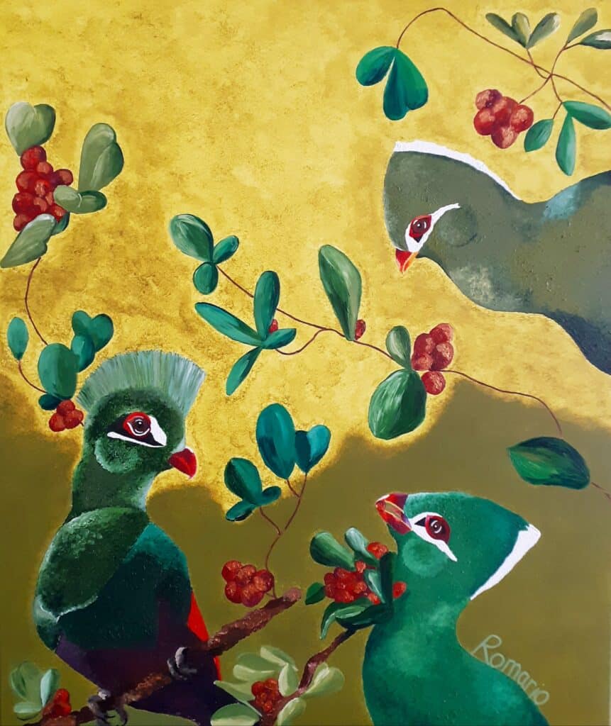 A painting of the Knysna turaco, only found in South Africa and one of the many birds supported by Romario’s campaign for Birds of Eden. (Artist: Romario Valentine.)
